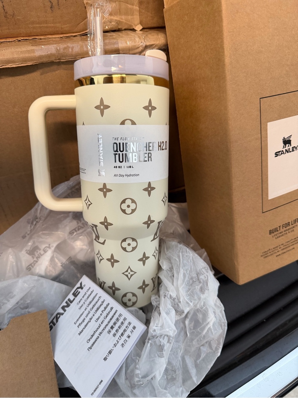 Stanley Cream Tumbler with Brown Monogram Pattern